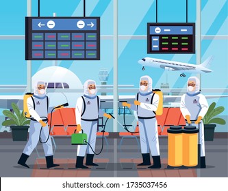 biosafety workers desinfect airport for covid19 vector illustration design