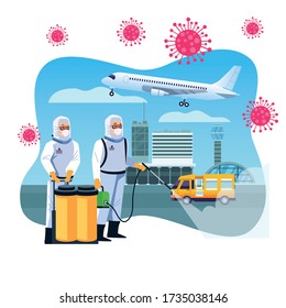 Biosafety Workers Desinfect Airport For Covid19 Vector Illustration Design