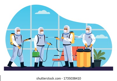 biosafety workers desinfect airport for covid19 vector illustration design