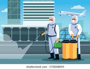 biosafety workers desinfect airport for covid19 vector illustration design