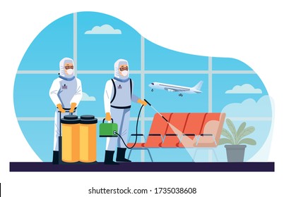 biosafety workers desinfect airport for covid19 vector illustration design