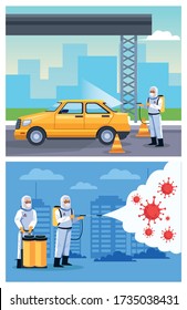 biosafety workers desinfect taxi for covid19 vector illustration design