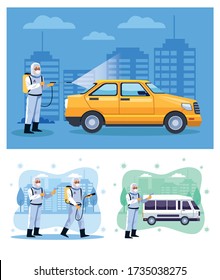 biosafety workers desinfect taxi and van for covid19 vector illustration design