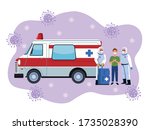 biosafety workers with patient in ambulance vector illustration design