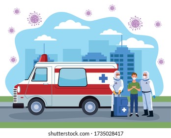 biosafety workers with patient in ambulance vector illustration design