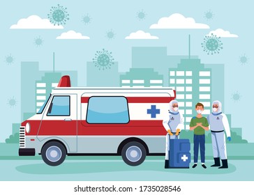 biosafety workers with patient in ambulance vector illustration design