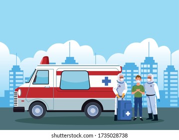 biosafety workers with patient in ambulance vector illustration design