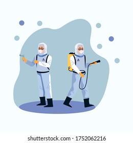 biosafety workers with sprayers disinfectant and covid19 particles vector illustration design