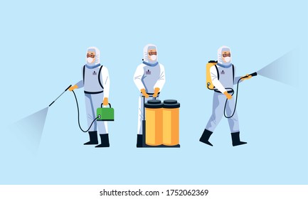biosafety workers with sprayers disinfectant for covid19 vector illustration design