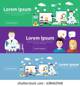 Bioscience concept set. Microbiologist studying new virus or its antidote cultivating a petri dish whit inoculation loops, beside a microscope and tools of laboratory. - stock vector