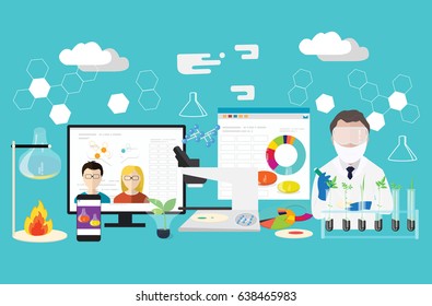 Bioscience concept set. Microbiologist studying new virus or its antidote cultivating a petri dish whit inoculation loops, beside a microscope and tools of laboratory. - stock vector