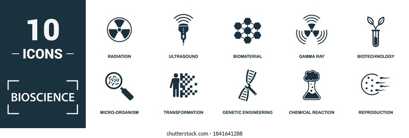 Bioscience icon set. Collection of simple elements such as the gene, chemistry, micro-organism, transformation. Bioscience theme signs.