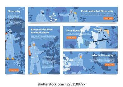 Biosecurity plant health farm food and agriculture chemical disinfection service landing page set vector illustration. Man in uniform costume bacterial infection virus pandemic ecology protection