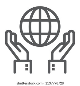 Biosphere conservation line icon, ecology and energy, hands holding earth sign, vector graphics, a linear pattern on a white background, eps 10.