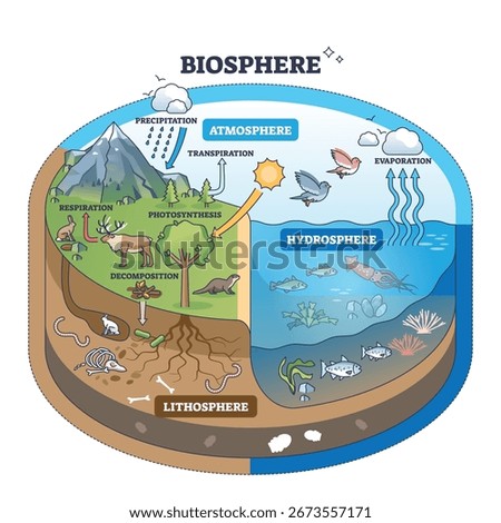 Biosphere diagram shows interactions between atmosphere, hydrosphere, and lithosphere with plants, animals, and water cycle. Outline diagram