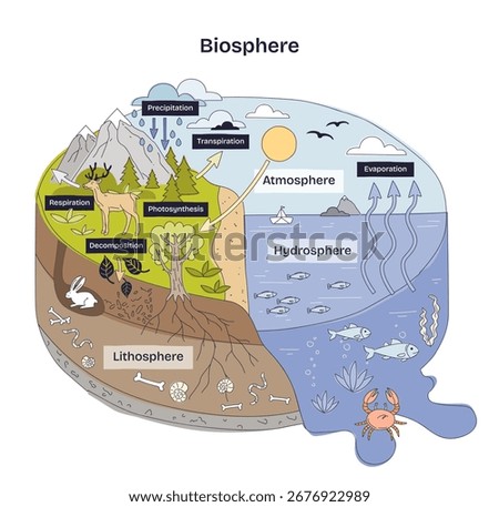 Biosphere diagram shows interactions between atmosphere, hydrosphere, and lithosphere with animals, plants, and water. Doodle style diagram