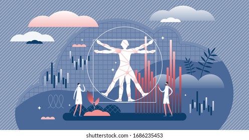 Biostatistics Flat Tiny Person Concept Vector Illustration. Study Of Development And Application Of Statistical Method For Biology Elements. Experiments Results Data Collection, Gathering And Analysis