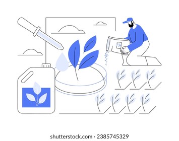 Biostimulants abstract concept vector illustration. Farmer applies biostimulants to plant, agroecology industry, smart and sustainable agriculture, soil management process abstract metaphor.