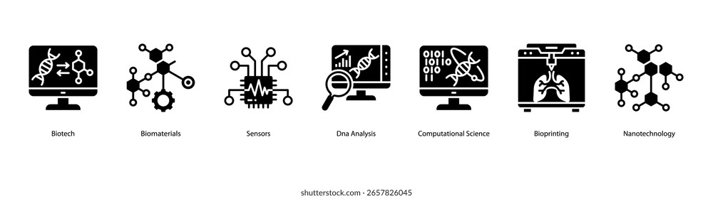 Biotech applications web banner icon vector illustration including Biotech, Biomaterials, Sensors, Dna Analysis, Computational Science, Bioprinting, and Nanotechnology.