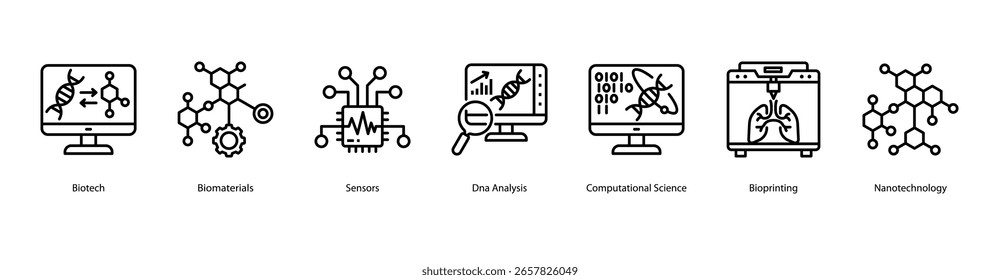 Biotech applications web banner icon vector illustration including Biotech, Biomaterials, Sensors, Dna Analysis, Computational Science, Bioprinting, and Nanotechnology.