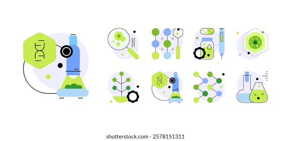 Biotech and bioengineering. Set of doodles, detailed icons. Flat graphics. Vector file.