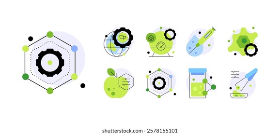 Biotech and bioengineering. Set of doodles, detailed icons. Flat graphics. Vector file.