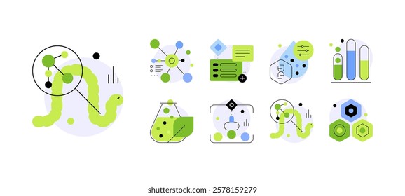 Biotech and bioengineering. Set of doodles, detailed icons. Flat graphics. Vector file.