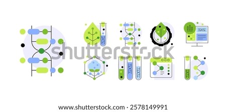 Biotech and bioengineering. Set of doodles, detailed icons. Flat graphics. Vector file.