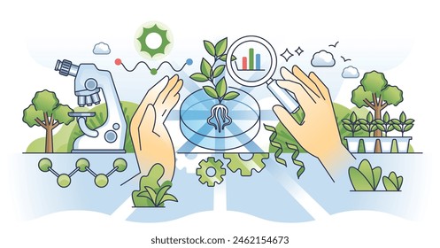 Avance de la biotecnología con la biología científica y la tecnología delinean el concepto. Innovación biotecnológica con Ilustración vectorial de inventos científicos inspirados en la naturaleza. Investigación de laboratorio para el tratamiento de la Prueba.