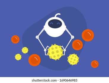 Biotech concept, cute white robot fighting a coronavirus disease, microbiology lab research