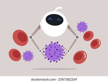 Biotech concept, a cute white robot fighting a virus disease, separatinh healthy cells from dangerous particles, a microbiology lab research