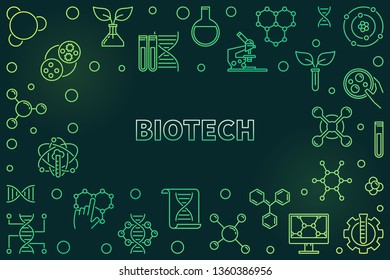 Biotech concept green horizontal frame or illustration in thin line style on dark background