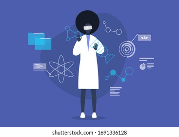 Biotech concept, young black female scientist wearing VR headset, digital images of molecules and infographics