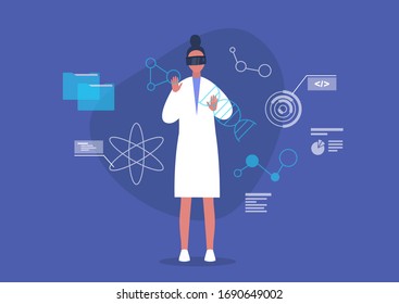 Biotech concept, young female scientist wearing VR headset, digital images of molecules and infographics