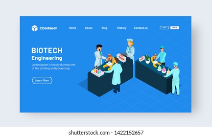 Biotech Engineering landing page design concept. Illustration of scientist doing research on blue background.