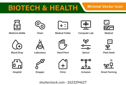 Biotech and Health Tech Icon Pack – Clean, Minimalist Line Vector Illustrations for Healthcare, Science, Lab Research, Pharma.
