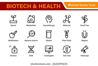 Biotech and Health Tech Icon Pack – Clean, Minimalist Line Vector Illustrations for Healthcare, Science, Lab Research, Pharma.