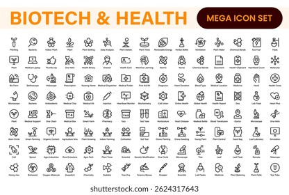 Biotech and Health Tech Icon Pack – Clean, Minimalist Line Vector Illustrations for Healthcare, Science, Lab Research, Pharma.