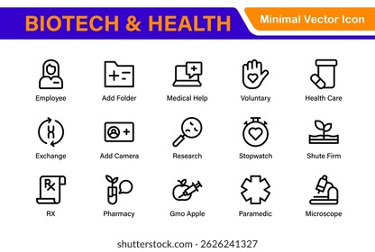 Biotech and Health Tech Icon Pack – Clean, Minimalist Line Vector Illustrations for Healthcare, Science, Lab Research, Pharma.