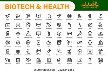 Biotech and Health Tech Icon Pack – Clean, Minimalist Line Vector Illustrations for Healthcare, Science, Lab Research, Pharma.