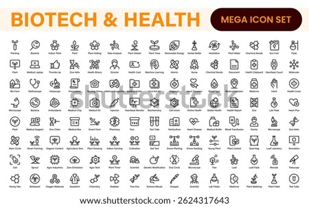 Biotech and Health Tech Icon Pack – Clean, Minimalist Line Vector Illustrations for Healthcare, Science, Lab Research, Pharma.