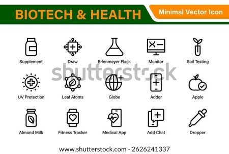 Biotech and Health Tech Icon Pack – Clean, Minimalist Line Vector Illustrations for Healthcare, Science, Lab Research, Pharma.
