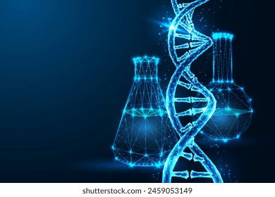 Bio-tech innovation concept with DNA strands and laboratory flasks on dark blue background. Futuristic science and research illustration in glowing low polygonal style. Abstract vector illustration.