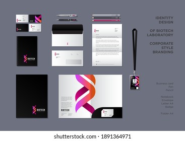 Biotech Laboratory Logo. DNA Logo As Two Ribbons. Identity, Corporate Style. Badge, Envelope, Letterhead, Letter, Folder, Notebook, Business Card, Flash Drive, Pens. 10 EPS, Vector In Layers.