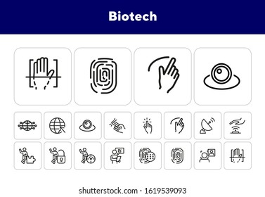 Biotech line icon set. Biometric scanning, face recognition, fingerprint. Technology concept. Can be used for topics like communication, AI, security