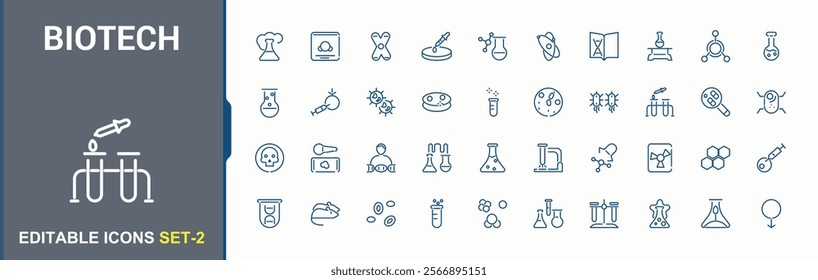 Biotech lined icons set. It contains symbols to scientist, micro, experiment, medical, scientific and more. Minimalist thin UI icon design. Editable stroke. Vector illustration.