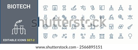 Biotech lined icons set. It contains symbols to scientist, micro, experiment, medical, scientific and more. Minimalist thin UI icon design. Editable stroke. Vector illustration.
