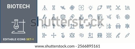 Biotech lined icons set. It contains symbols to scientist, micro, experiment, medical, scientific and more. Minimalist thin UI icon design. Editable stroke. Vector illustration.