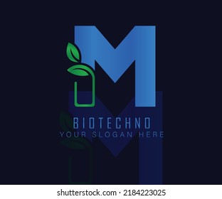 Logo de Biotech con letra de hoja de hierbas M. Herbal logo vecktor plantilla. logotipo de hierbas medicinales.