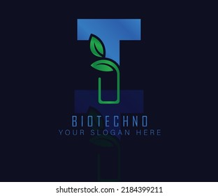 Biotech-Logo mit Kräuterblattbrief T. Kräuterlogo-Vektorvorlage. medizinisches Kräuterlogo.